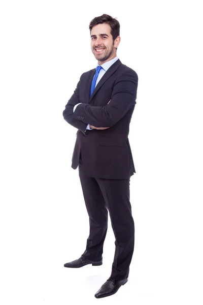 Retrato de un joven empresario feliz aislado sobre fondo blanco —  Fotos de Stock