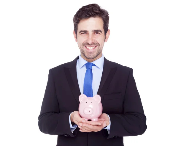 Businessman holding a piggy bank, isolated on a white background — Stock Photo, Image