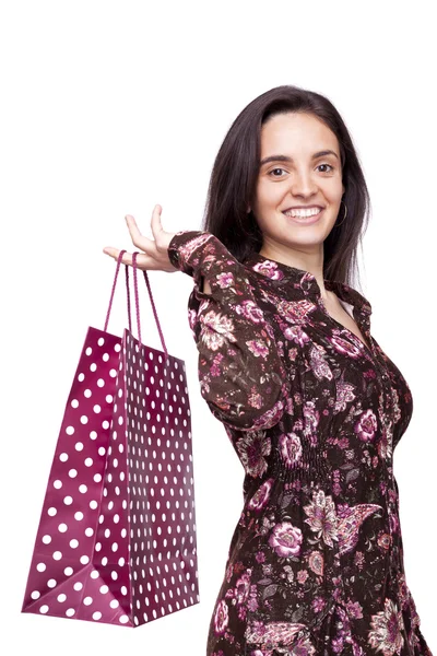 Retrato de uma mulher bonita com sacos de compras, isolado no wh — Fotografia de Stock