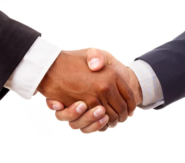 Handshake between african and a caucasian business man, isolated — Stock Photo, Image