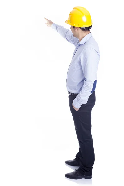 Ingeniero apuntando a algo, aislado en blanco —  Fotos de Stock