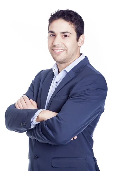 Selbstbewusster Geschäftsmann lächelt auf grauem Hintergrund — Stockfoto