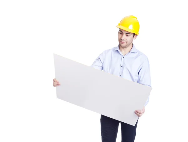 Handsome engineer holding  blueprints, isolated on white — Stock Photo, Image