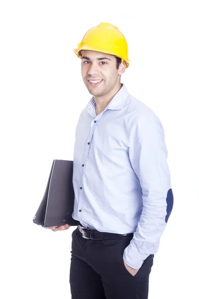 Retrato de un ingeniero guapo sosteniendo una carpeta, aislado en wh —  Fotos de Stock