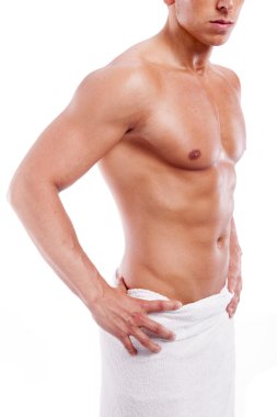 havlu, beyaz izole yakışıklı kaslı adam