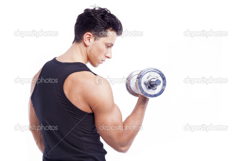Young muscular man lifting weights, isolated on white