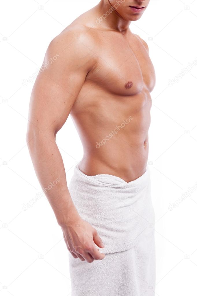 Handsome muscular man in towel, isolated on white