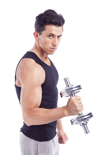 Young muscular man lifting weights, isolated on white — Stock Photo, Image