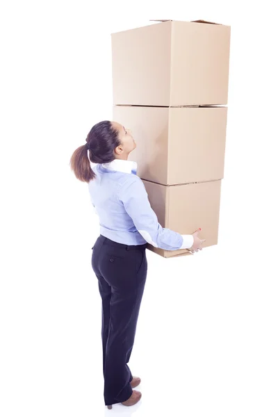 Businesswoman carrying card boxes, isolated on white — Stock Photo, Image