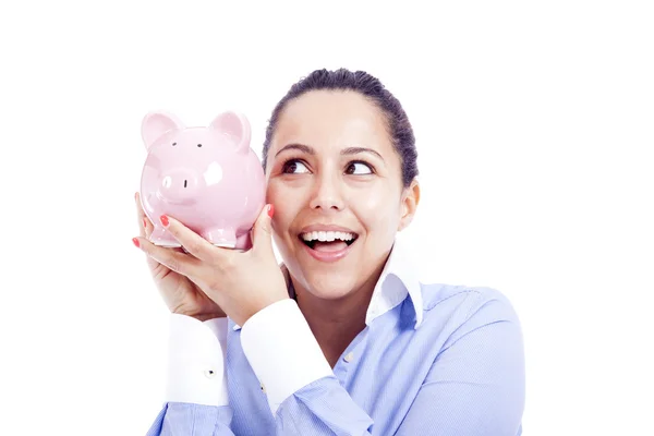 Happy business woman with piggy bank, isolated on white — Stock Photo, Image
