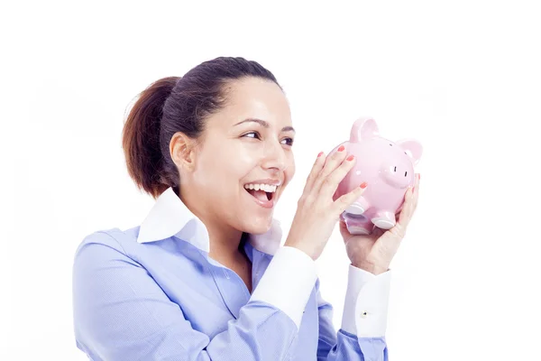 돼지 저금통, 흰색 절연과 행복 한 비즈니스 우먼 — 스톡 사진