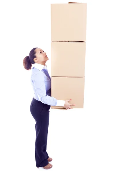 Businesswoman carrying card boxes — Stock Photo, Image