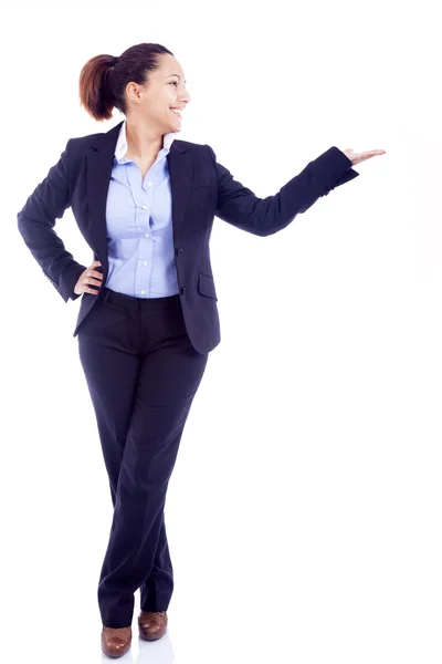 Mulher de negócios feliz apresentando — Fotografia de Stock