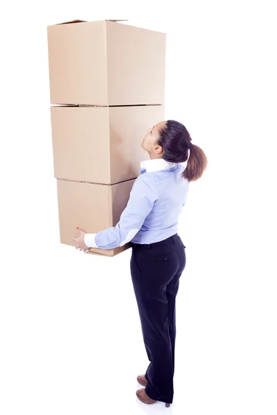 Woman carrying card boxes — Stock Photo, Image