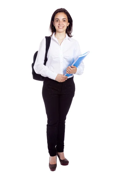 Cheerful young student girl standing isolated on white backgroun — Stock Photo, Image