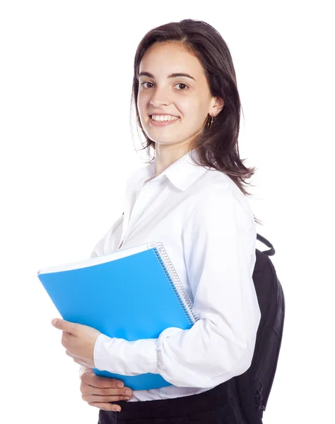 Retrato de uma jovem estudante alegre, isolado no bac branco — Fotografia de Stock