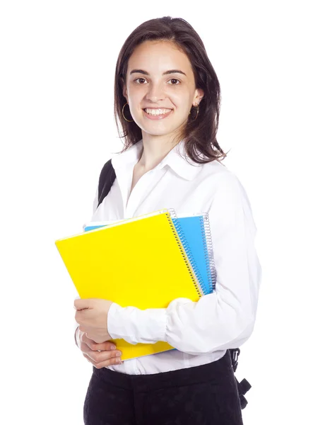 Porträt einer fröhlichen jungen Studentin, isoliert auf weißem Bac — Stockfoto