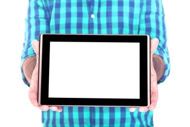 Erkek, beyaz bir arka plan üzerinde izole bir tablet pc tutan eller