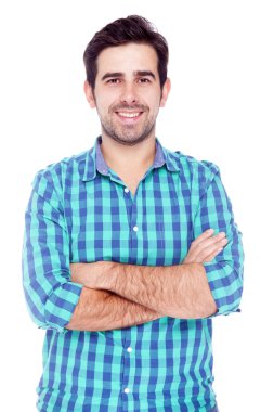 gülümseyerek, beyaz bir ba izole geçici bir latin adam portresi