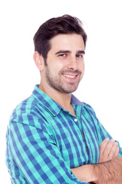 gülümseyerek, beyaz bir ba izole geçici bir latin adam portresi