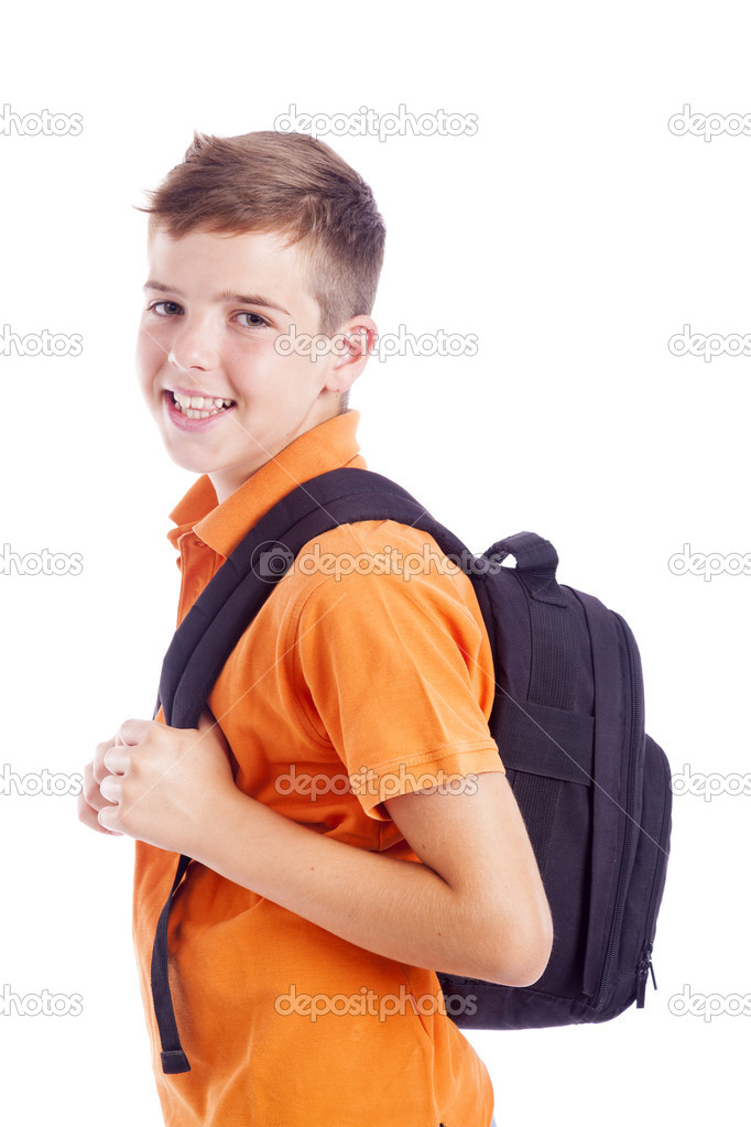 Portrait of a school boy with backpack, isolated on white backgr
