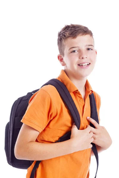 Retrato de um menino da escola com mochila, isolado em mochila branca — Fotografia de Stock