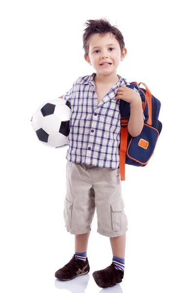 Escola garoto segurando bola de futebol — Fotografia de Stock