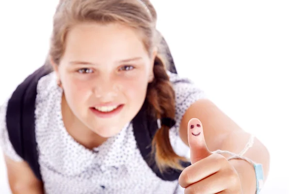 Sonriente adolescente estudiante mostrando pulgares hacia arriba, aislado en blanco backgr —  Fotos de Stock