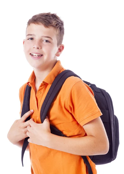 Porträt eines Schuljungen mit Rucksack, isoliert auf weißem Backgr — Stockfoto