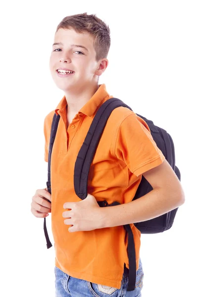 Portret chłopca szkole z plecakiem, na tle białym tle — Zdjęcie stockowe