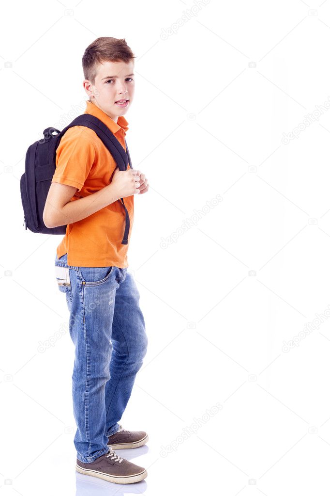 Full body portrait of a smiling school boy with backpack, isolat
