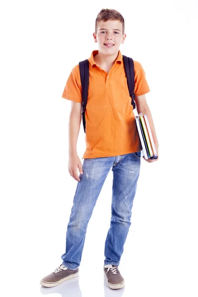 Menino da escola com cadernos — Fotografia de Stock