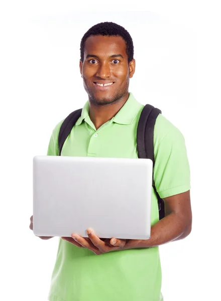 Glad student anläggning laptop — Stockfoto