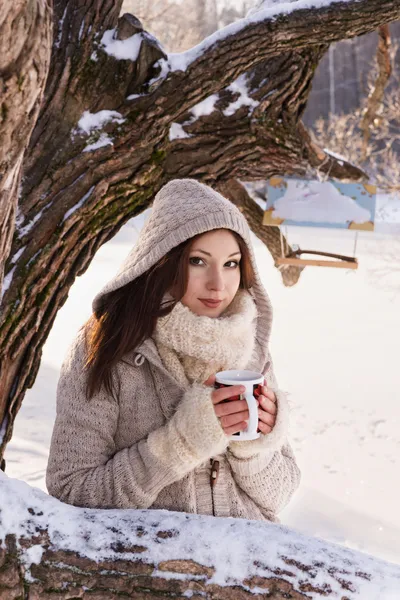 Menina de Natal, jovem sorriso bonito, vestindo capuz de lã . — Fotografia de Stock