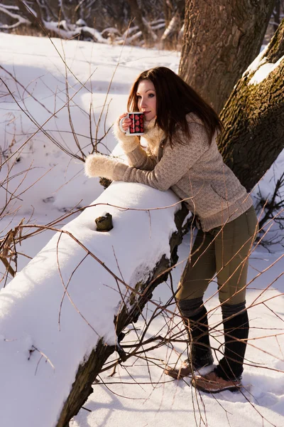 Mooie jonge vrouw drinken van hete thee in winter forest. — Stockfoto