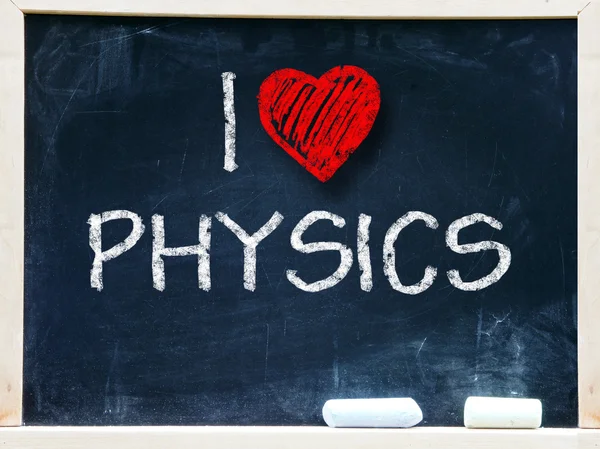 I love physics handwritten with white chalk on a blackboard. — Stock Photo, Image