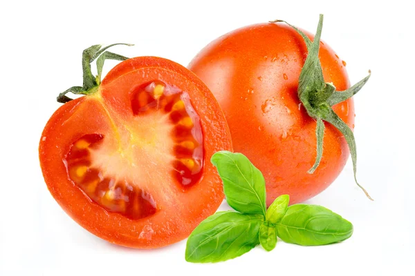 Tomaten mit grünen Blättern und Basilikum isoliert auf weißem Hintergrund — Stockfoto