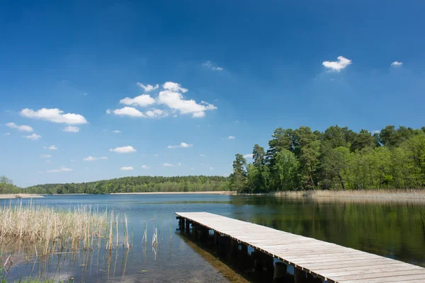 Dřevěná jezero most v letní sezóně — Stock fotografie