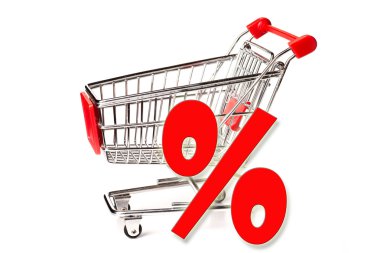süpermarket arabası alışveriş, yüzde işareti