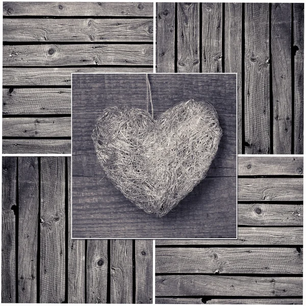 Serce na drewno collage — Zdjęcie stockowe