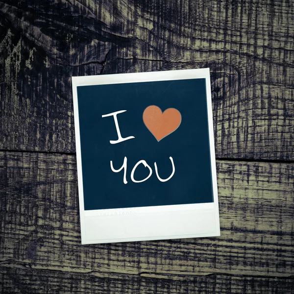 Old pictures on wood background.Handwrit ten I Love You — Stock Photo, Image
