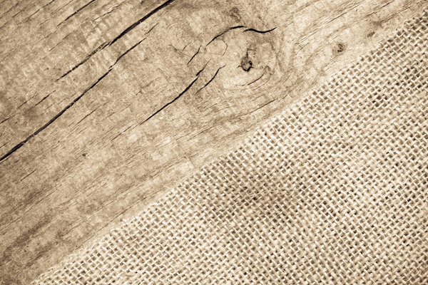 Burlap texture on wooden table