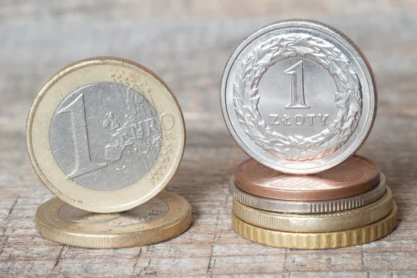 One uro coin and one zloty coin — Stock Photo, Image