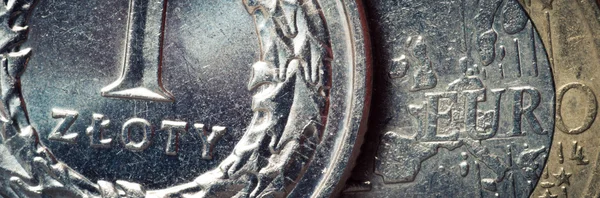 Uma moeda de uro e uma moeda de zloty — Fotografia de Stock