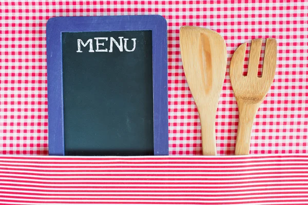 Menu blackboard with wooden spoon and fork — Stock Photo, Image