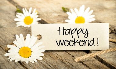 Frame with daisies and text happy weekend clipart