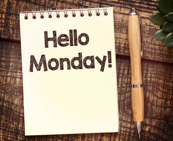 Hello Monday Words Written Notebook Wooden Table — Stock Photo, Image