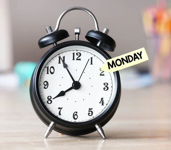 Monday Small Piece Paper Stuck Alarm Clock — Stock Photo, Image