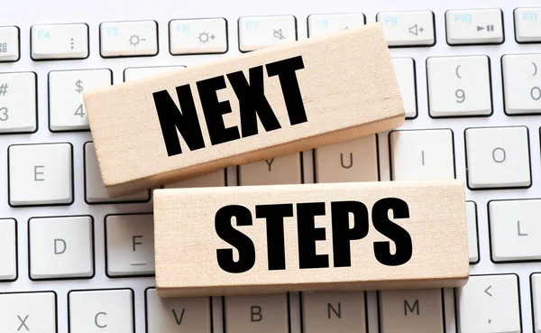 Next Steps Words Wooden Blocks Placed Computer Keyboard — Stock Photo, Image