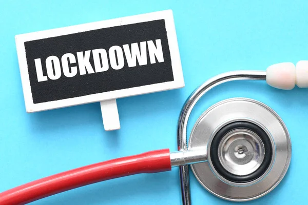 Lockdown Word Small Chalk Board Next Stethoscope — Stock Photo, Image